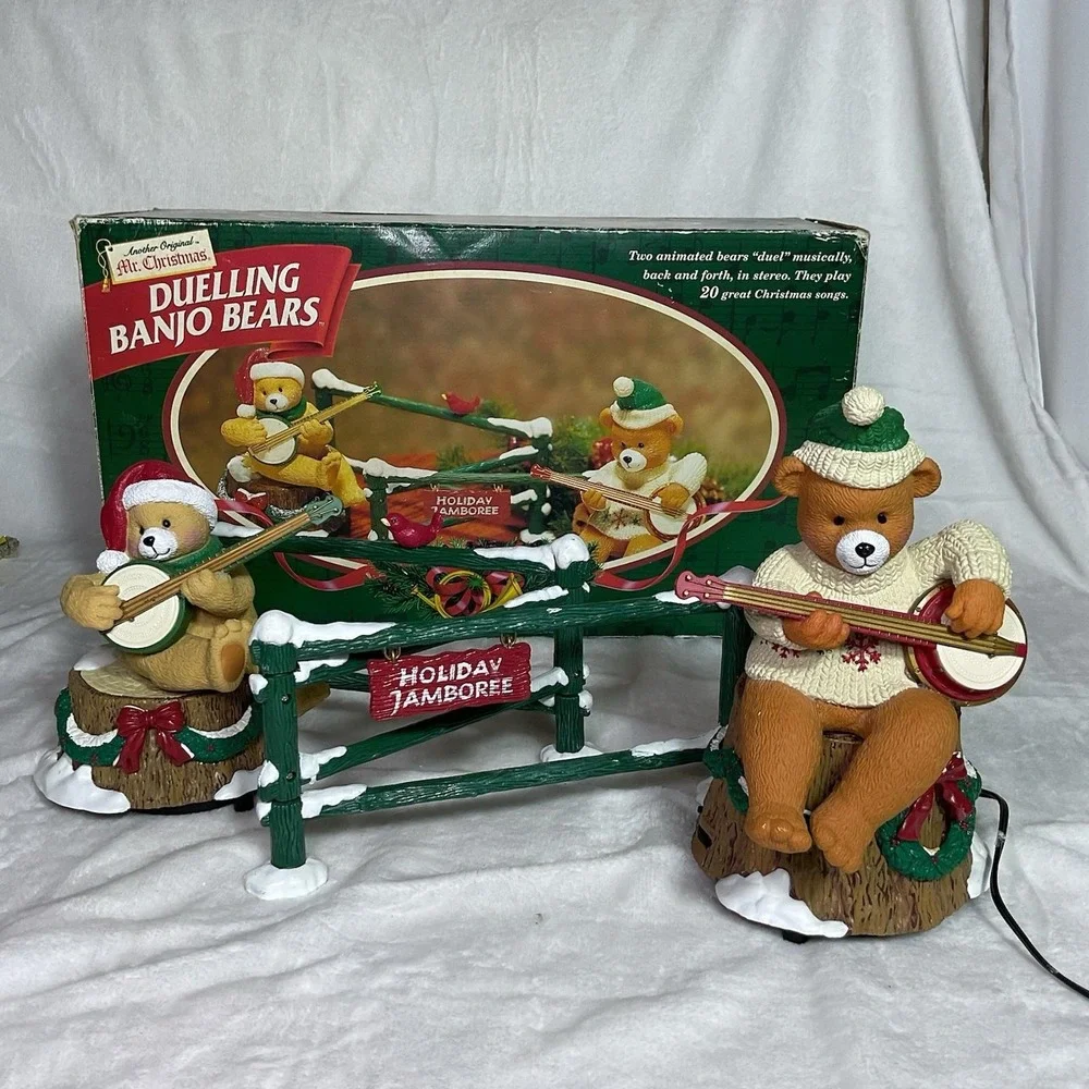 Mr. Christmas Dueling Banjo Bears Animated Musical 20 Songs 1997 Works W/ Box
